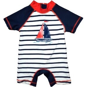 Little Me Baby Boy 12 Mos 1pc Swim Wear Rash Guard Sail Boat‎ Stripe LN